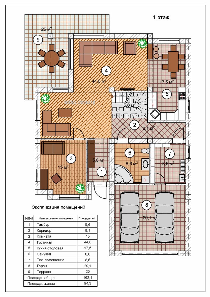 Жилой дом, план 1-го этажа. Проектирование в Крыму: Евпатория, Бахчисарай, Симферополь, Севастополь, Ялта