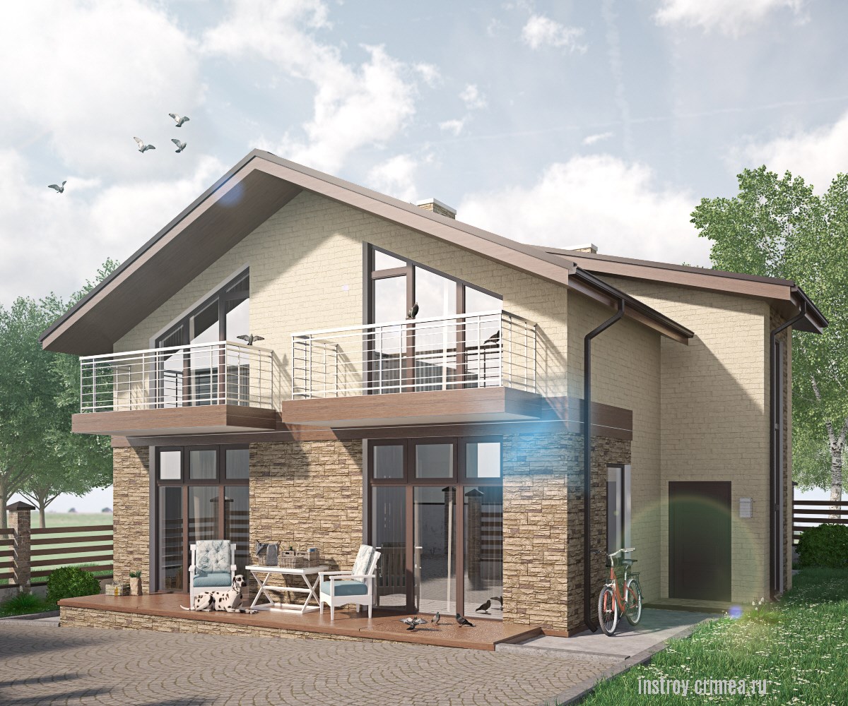 Типовой проект дома с мансардой и террасой на 2 семьи -  Симферополь, Севастополь, Евпатория, Бахчисарай, Ялта. Крым, ИНстрой