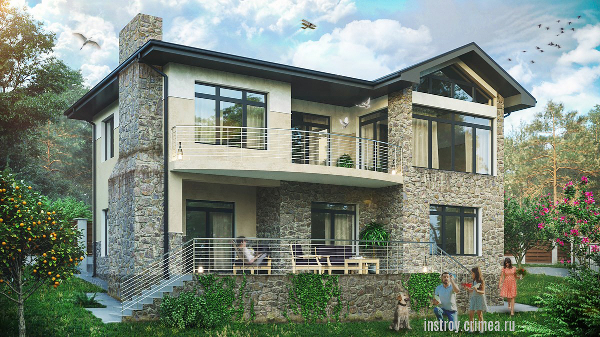 Проектирование жилых индивидуальных домов в Симферополе, Алуште, Севастополе, Ялте, Евпатории, Бахчисарае, Крыму. Отделка декоративный камень.