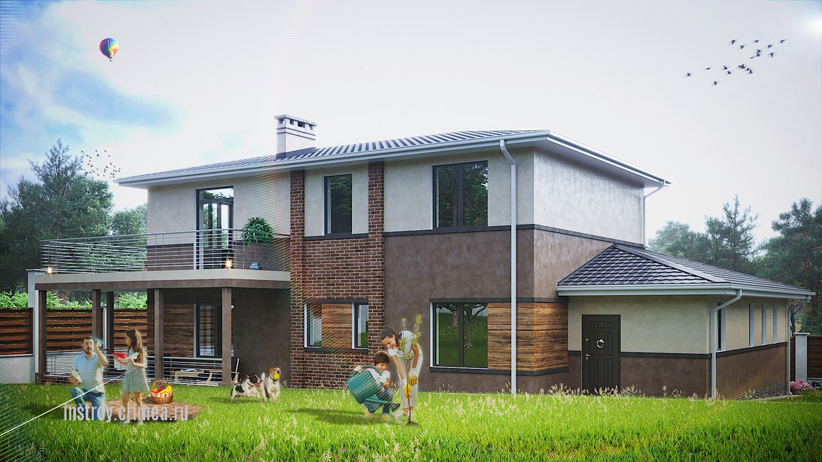 Дом с гаражом в стиле Фрэнка Л. Райта, заказать проект в Крыму: Симферополь, Алушта, Севастополь, Евпатория, Бахчисарай, Ялта