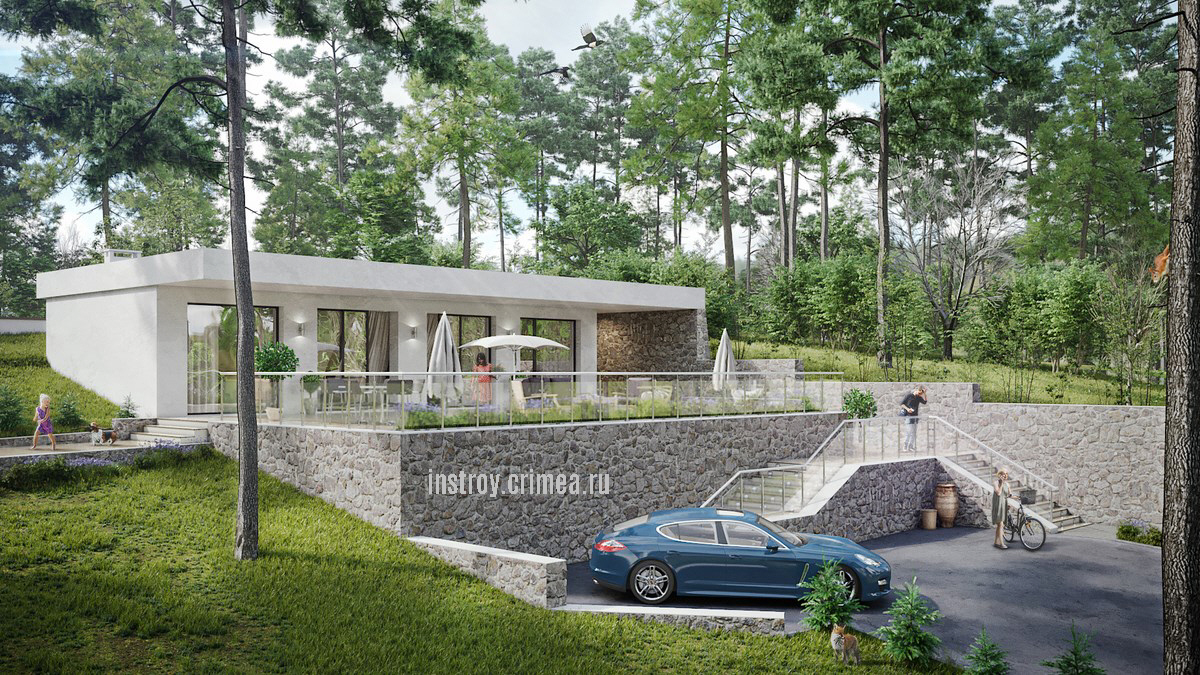 Проект жилого дома в стиле Хай-тек с плоской кровлей для строительства в с. Лучистое, Алушта, Крым.