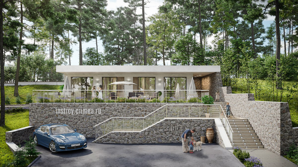 Проект одноэтажного жилого дома в стиле Хай-тек 14 на 7 для строительства в с. Лучистое, Алушта, Крым.