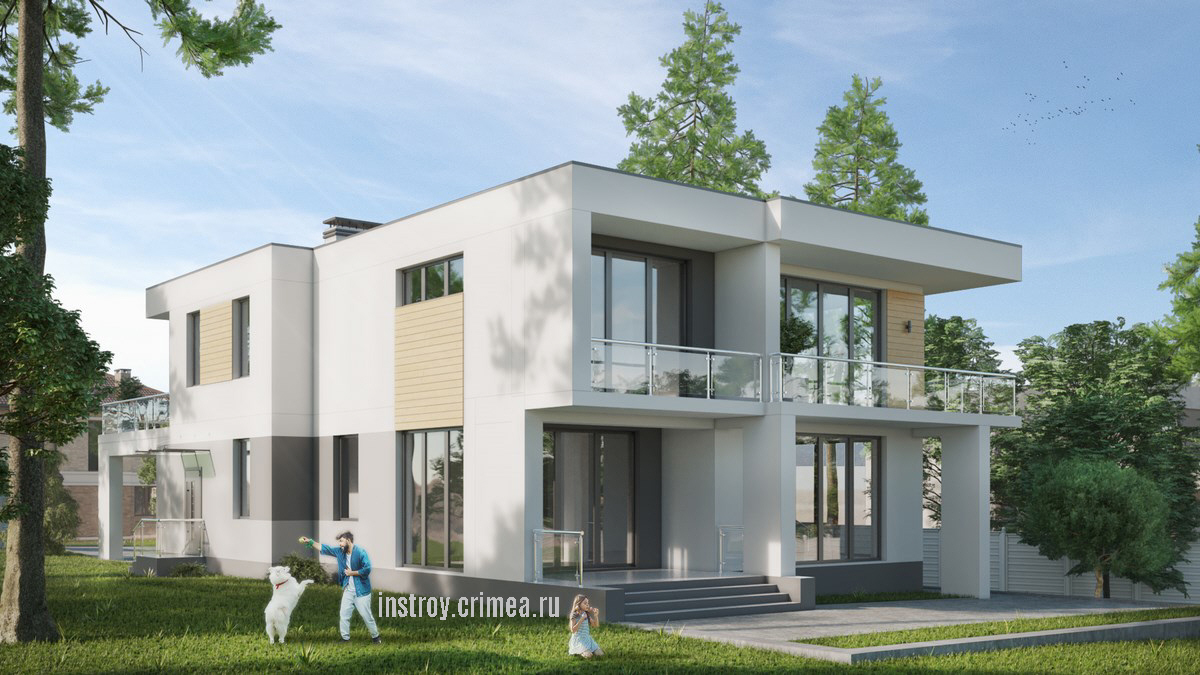 Проект двухэтажного жилого дома 12 на 16 в современном стиле хай-тек с плоской крышей для строительства в с. Мирное, ул. Славы, Симферопольский район.