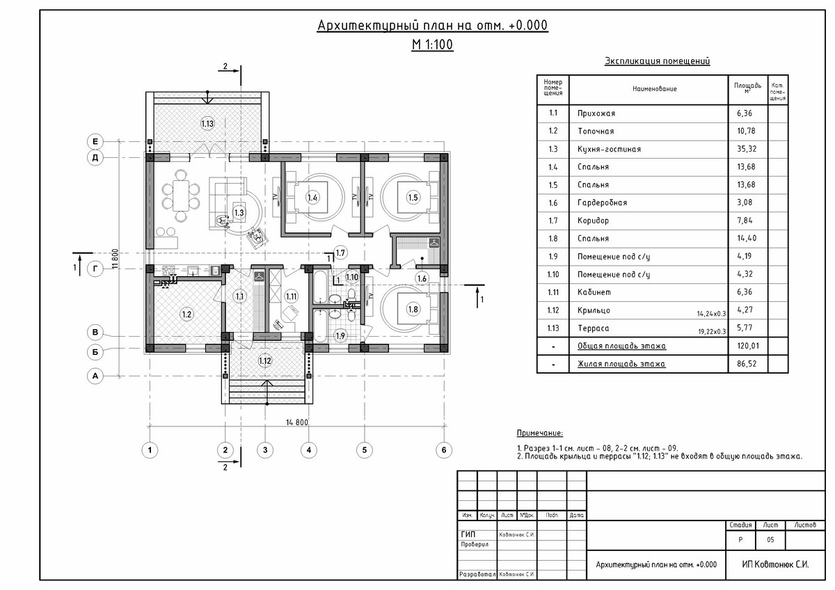 Планировка 1-этажного дома из известняка ракушечника, Симферополь