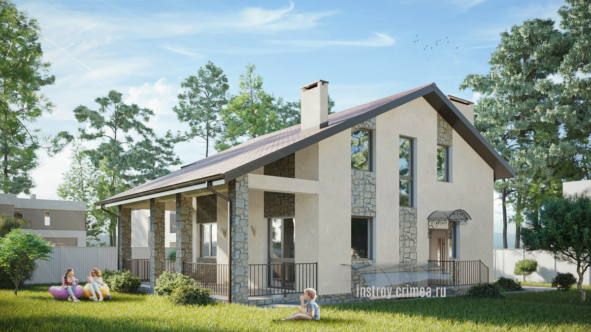 Двухэтажный дом из ракушки в стиле шале, заказать проект в Симферополе