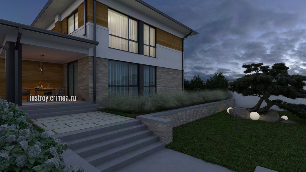 Ночная визуализация дома с гаражем из ракушки в Симферополе