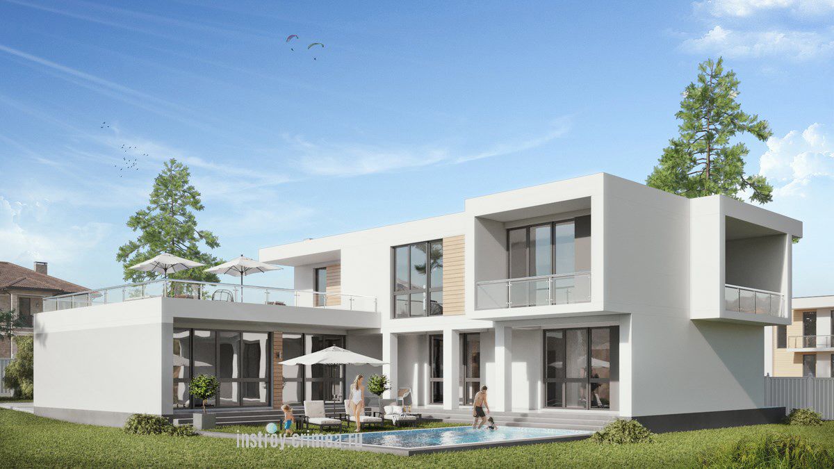 Проект двухэтажного жилого дома 22 на 21 в современном стиле хай-тек с плоской крышей для строительства в с. Оленевка, в районе ул. Елисеева.