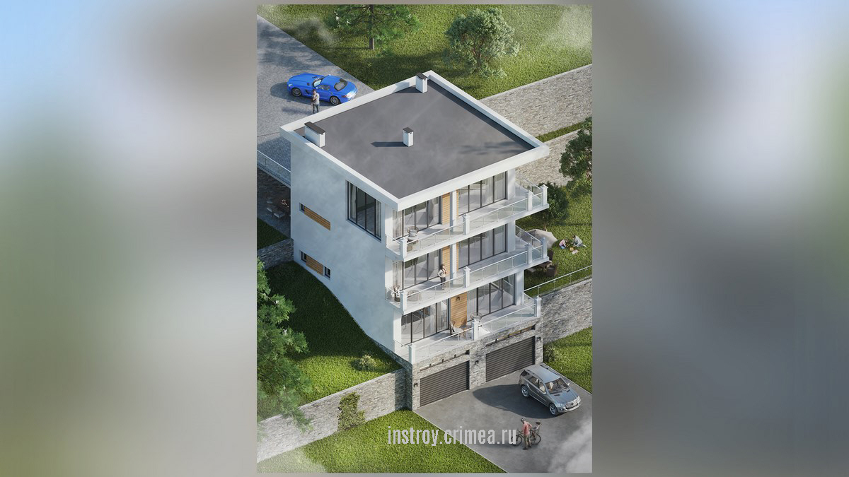 Проект трехэтажного дом из газобетона в современном стиле с плоской крышей, заказать проект в Симферополе