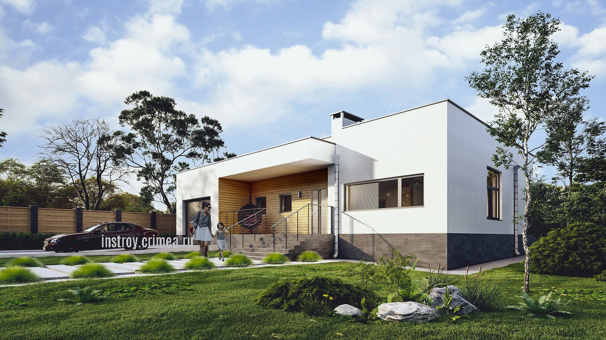 Проект одноэтажного жилого дома 13 на 16 в стиле Хай-тек для строительства в с. Суворовское, ул. Восточная, Сакский район.