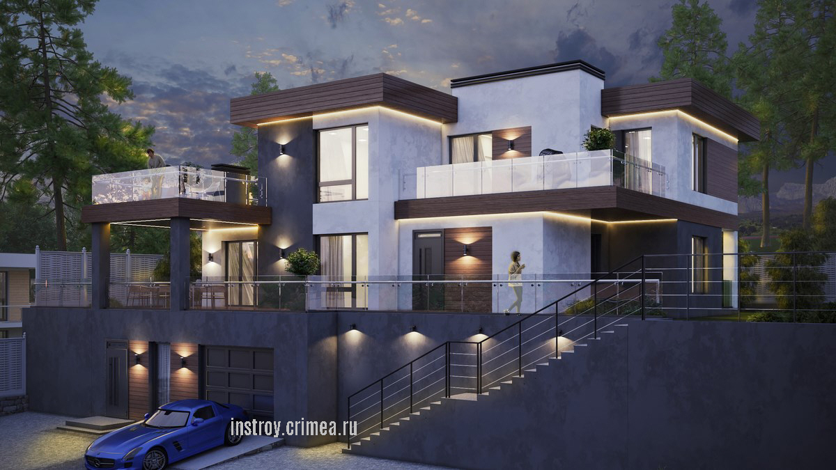 Проект трехэтажного жилого дома 16 на 16 в современном стиле хай-тек с плоской крышей для строительства в Симферополе.