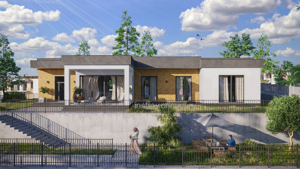 Проект одноэтажного жилого дома 23 на 17 в стиле минимализм для строительства в Симферополе.