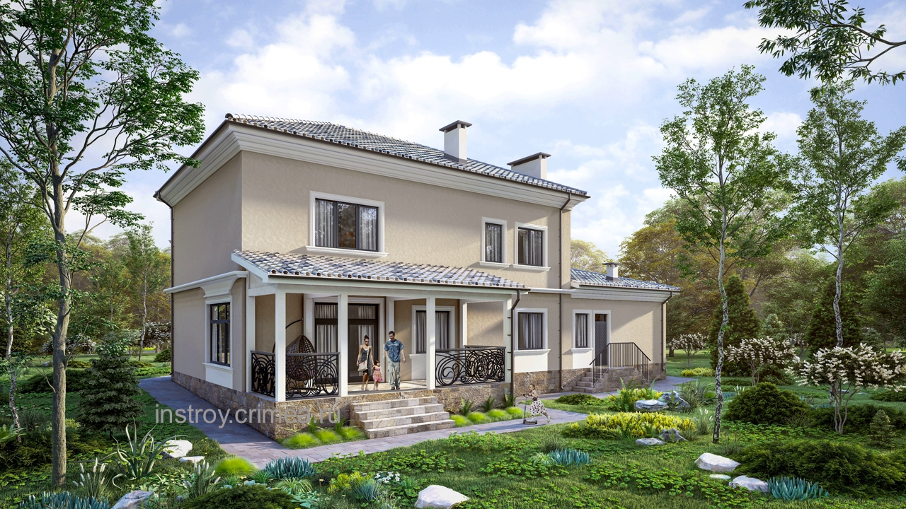 Проект двухэтажного жилого дома с крышей из черепицы для строительства в Симферополе.