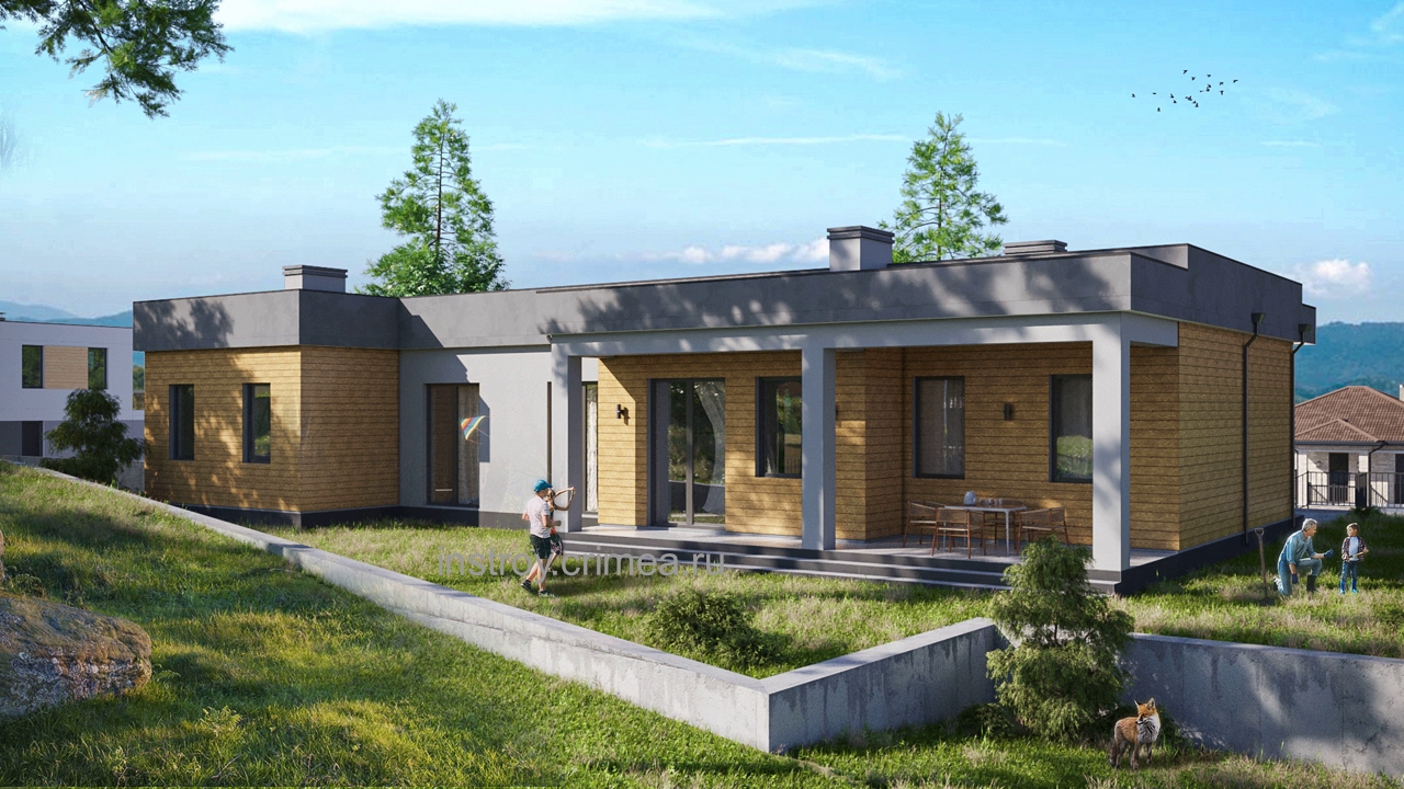 Проект одноэтажного жилого дома 23 на 17 в современном стиле хай-тек с плоской крышей для строительства в Симферополе.