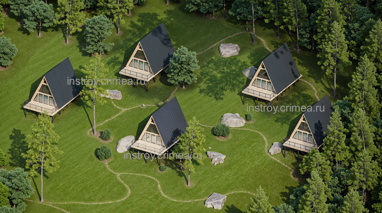 Проект двухэтажного жилого дома 7,5 на 13 в стиле афрейм для строительства в Алуште.