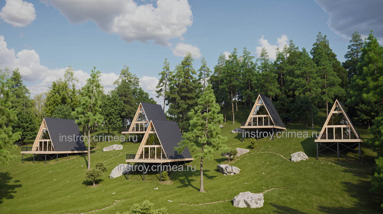 Проект двухэтажных жилых дома 7,5 на 13 в стиле афрейм для строительства в Алуште.