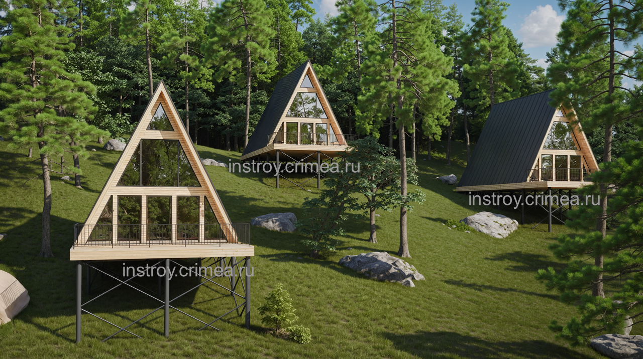 Проект домов для отдыха 7,5 на 13 в стиле афрейм для строительства в Алуште.